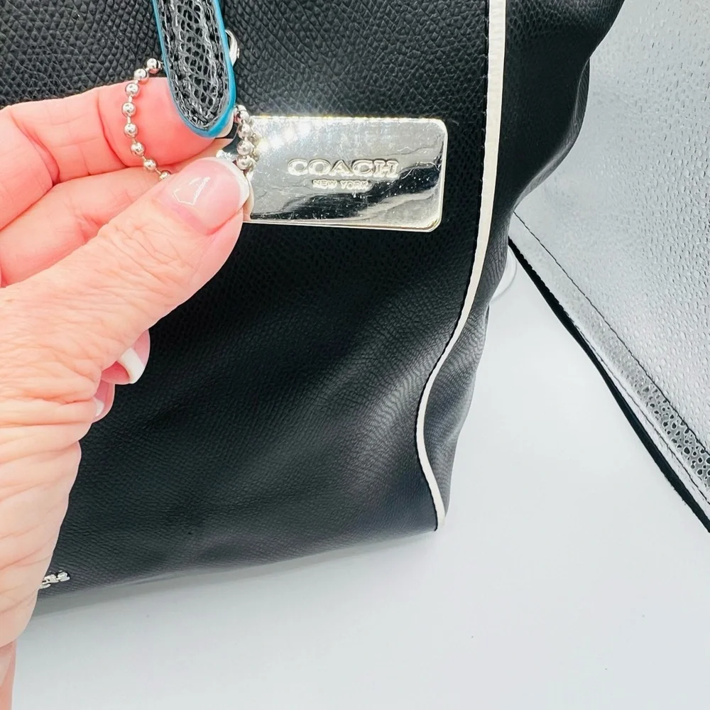 Coach Black and Turquoise All Leather Tote - White Accents & Silver Hardware